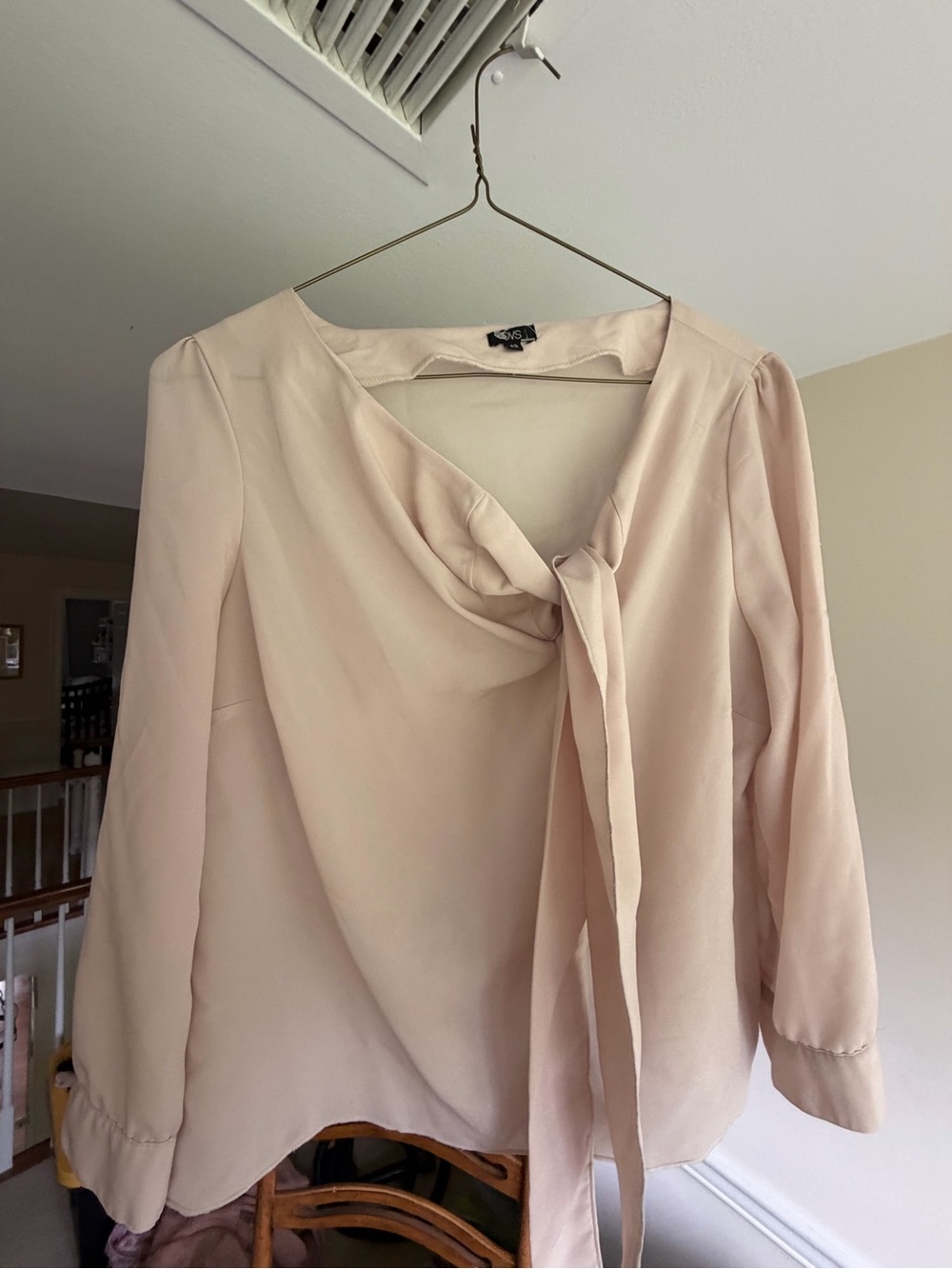 Light Cream Tie-Neck Blouse with Draped Front